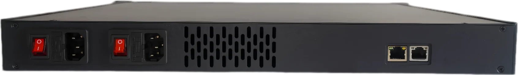 RockBrain USB Server Gen-2 后面板:双电源输入及开关、2 个千兆业务网口